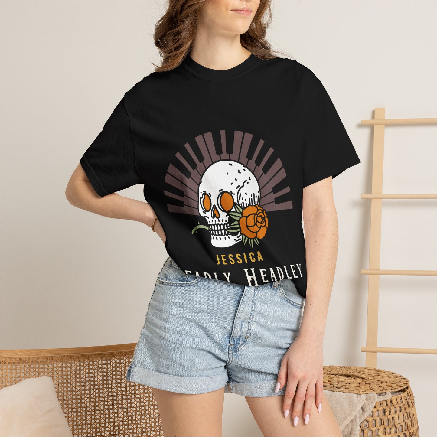 Skull & Rose Graphic T-Shirt — Personalized “Jessica Deadly Headley” Vintage Gothic Tee